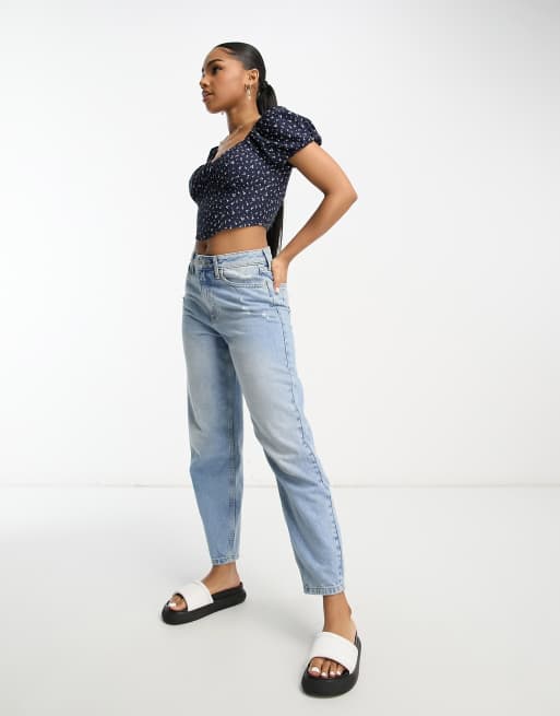 Hollister floral crop top with puff sleeves in navy