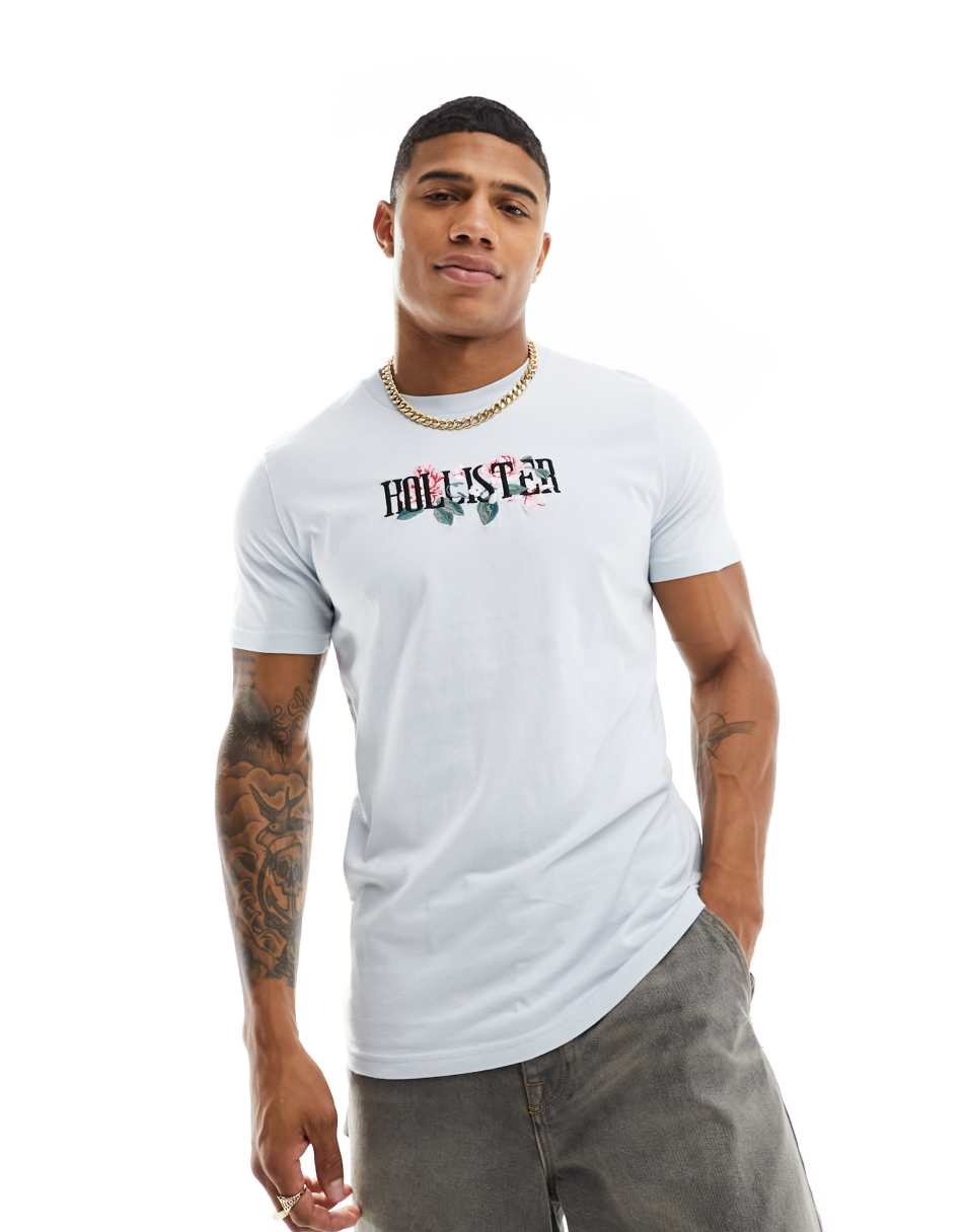 Hollister floral embroidery & print logo t-shirt in light blue