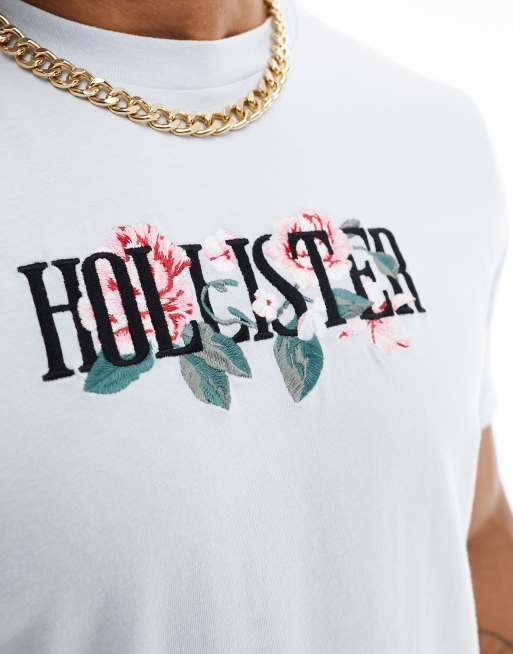 Hollister floral embroidery & print logo t-shirt in light blue, 2 of 4