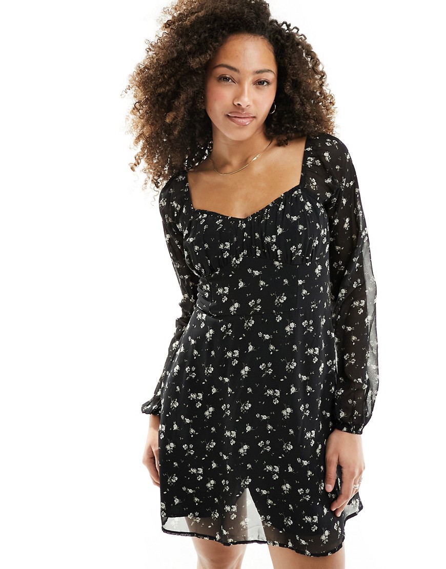 Hollister floral long sleeve dress in black with sweetheart neckline