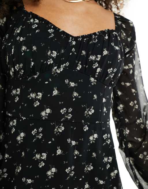 Hollister floral long sleeve dress in black with sweetheart neckline