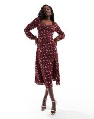Hollister floral midi dress in dark red with sweetheart neckline