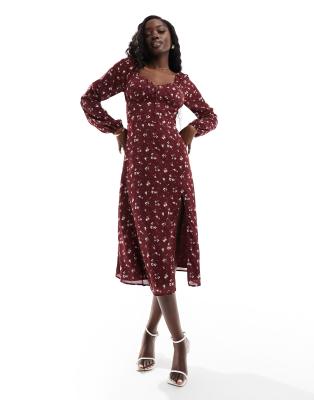 Hollister floral midi dress in dark red with sweetheart neckline