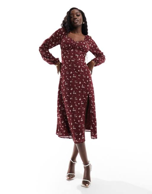 Maroon Hollister Floral Long Sleeve Dress with Keyhole Front. Size S.