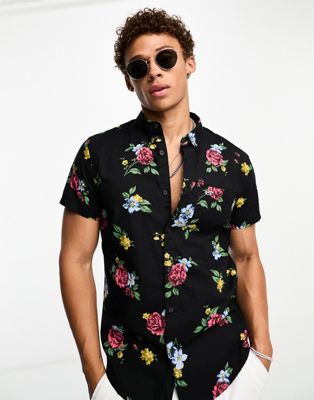 Hollister floral print short sleeve shirt in black