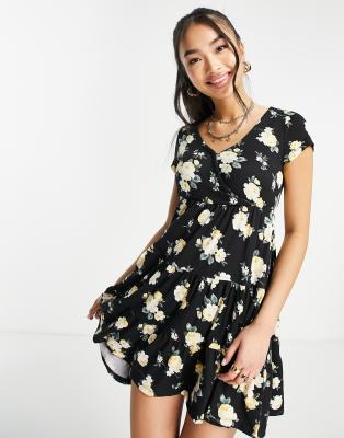 Hollister floral print tiered mini dress in black