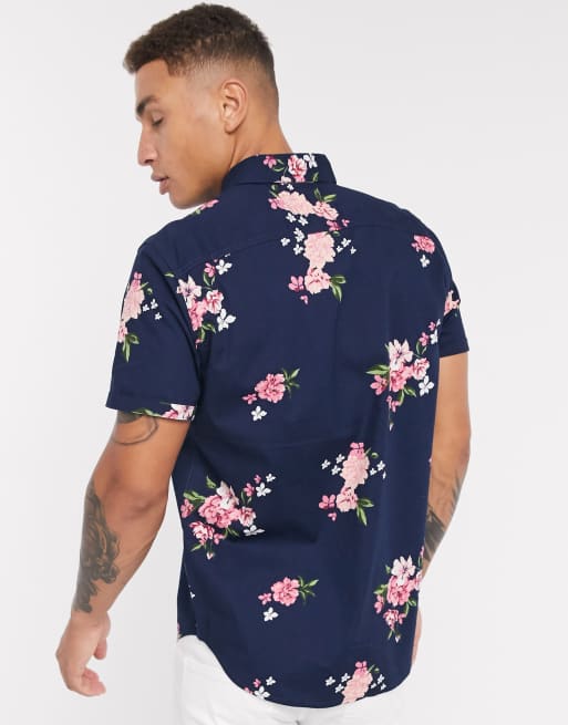 Hollister floral short sleeve slim shirt in navy