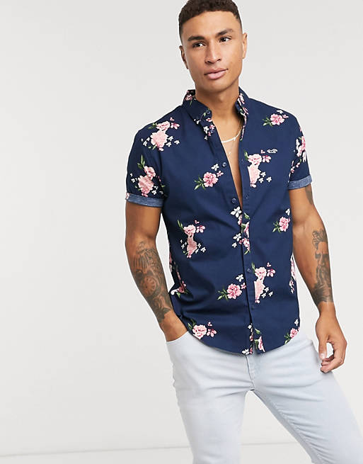 Hollister floral short sleeve slim shirt in navy | ASOS