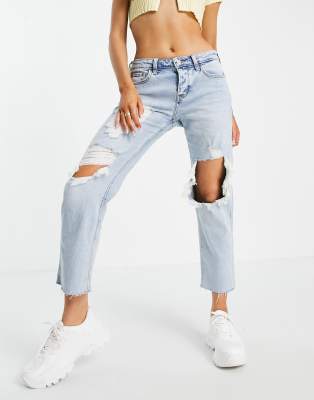 Hollister - Flossede boyfriend-jeans i lyseblå vask