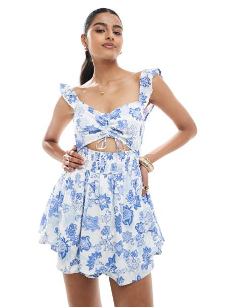 Hollister flutter sleeve cutout playsuit in blue floral - view 1