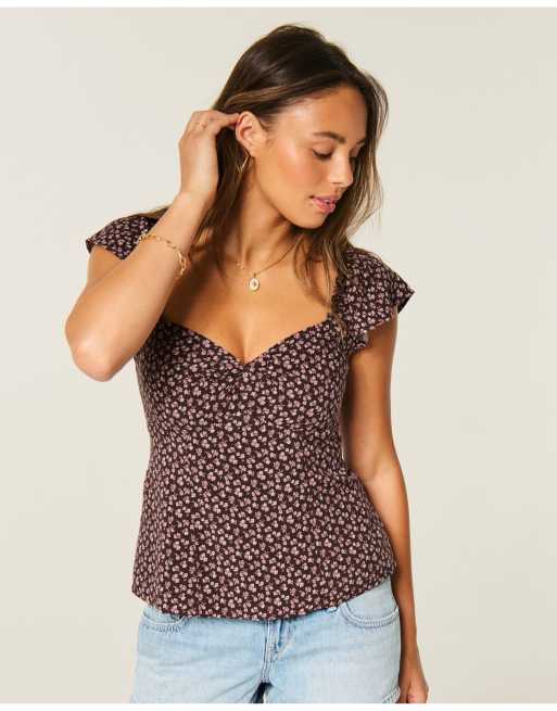 Hollister Flutter sleeve twist-front top in brown floral