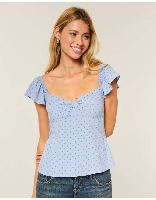 Hollister Flutter sleeve twist-front top in light blue dot