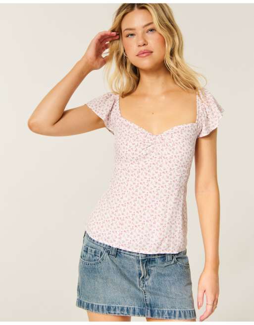 Hollister Flutter sleeve twist-front top in white floral