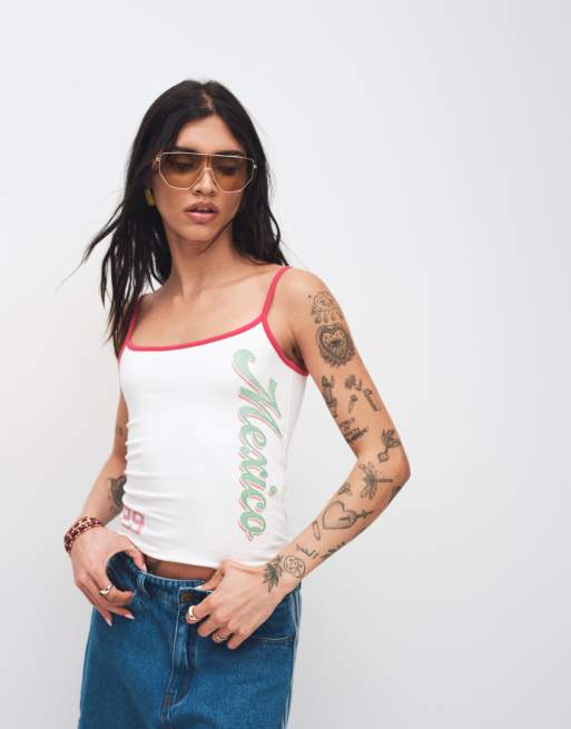 Hollister football style Mexico cami top in white, 1 of 4