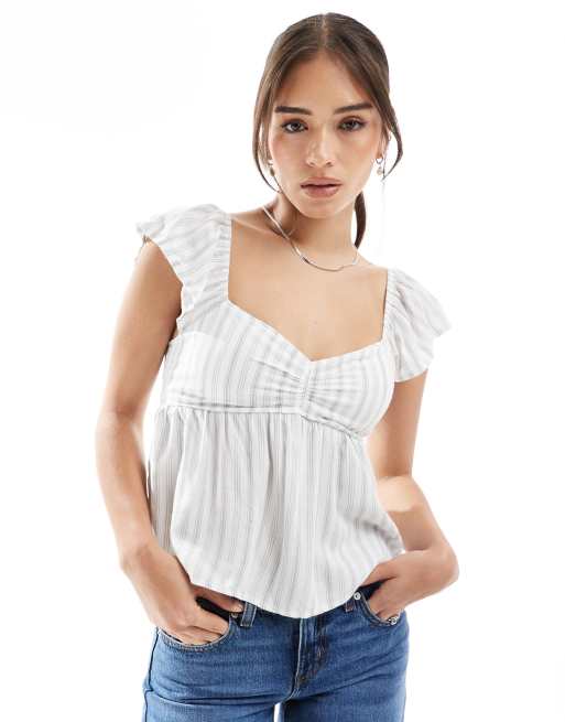 Hollister frilly sleeve babydoll top in green stripes | ASOS