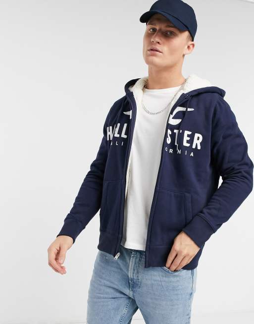 Hollister front and sleeve logo full zip borg lined hoodie in navy