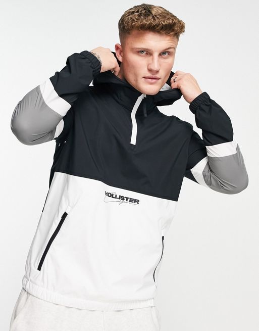 Hollister front & back logo overhead color block hooded jacket in black ...