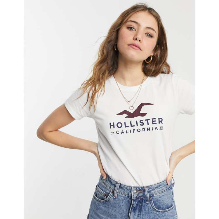 Hollister Womens T-Shirt White Black California Short Sleeve Scoop