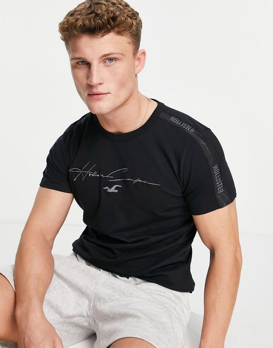 Hollister front script and tech tonal tape logo t-shirt in black