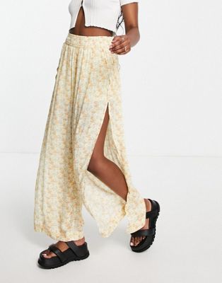 Hollister front split wide leg trousers in yellow ditsy