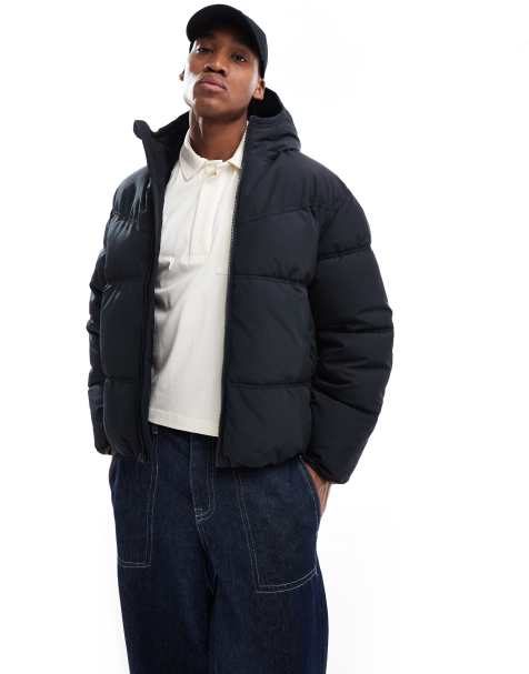 Hollister fur lined hooded padded coat in black - view 1