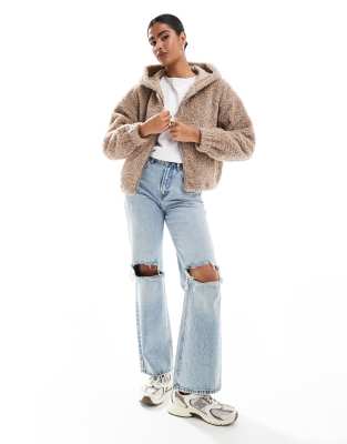 Hollister Hollister fuzzy zip up hoodie jacket in dark beige-Neutral