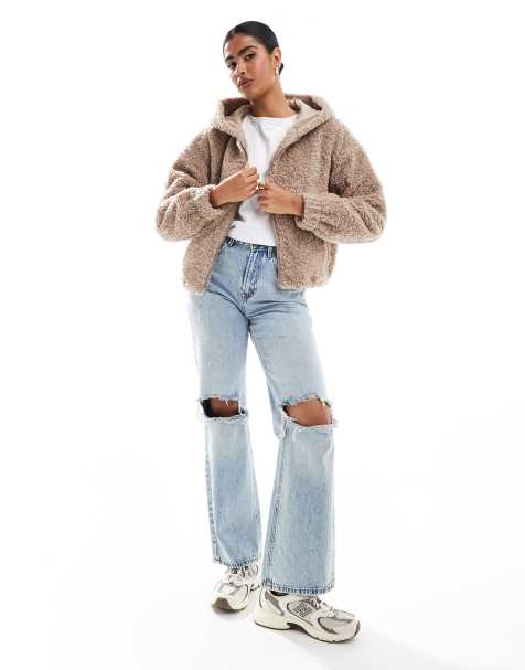 Hollister fuzzy zip up hoodie jacket in dark beige - view 1