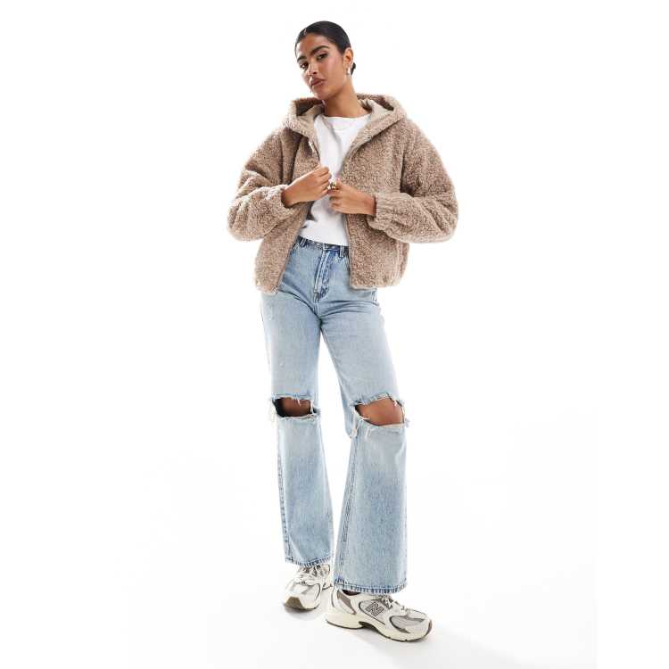 Hollister fuzzy zip up hoodie jacket in dark beige | ASOS
