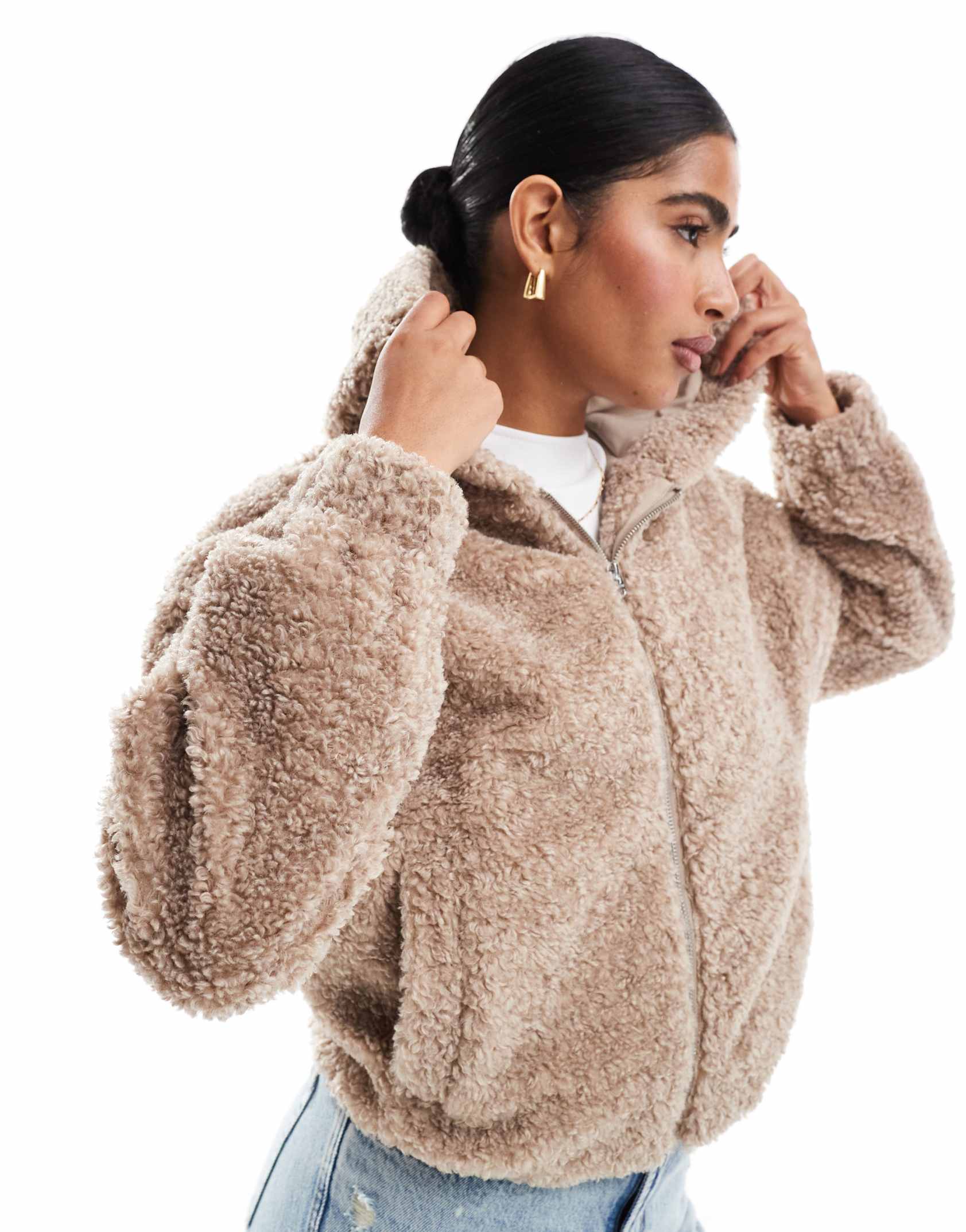Hollister fuzzy zip up hoodie jacket in dark beige ASOS Price Checker