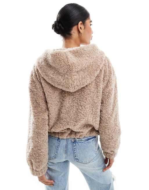 Hollister fuzzy zip up hoodie jacket in dark beige ASOS