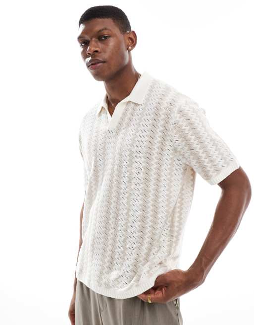 Hollister - Gebreid poloshirt met korte mouwen en patroon in beige