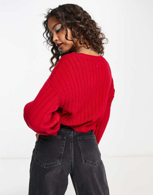 Hollister - Gebreid vest met kabels in rood , 2 van 4