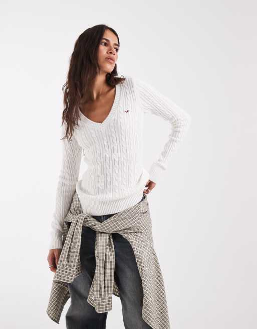 Hollister gebreide icon logo trui met V-hals in wit, 1 van 4