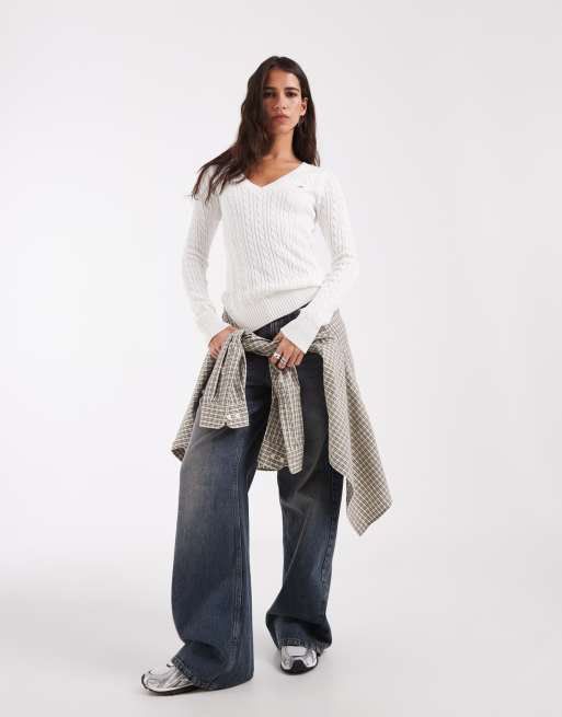 Hollister gebreide icon logo trui met V-hals in wit, 4 van 4