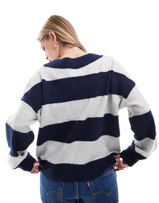 Hollister Gebreide kabeltrui met V hals in blauw grijze strepen