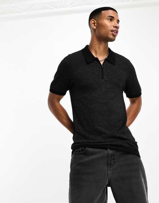 Hollister - Gebreide polo met korte mouwen en rits in zwart