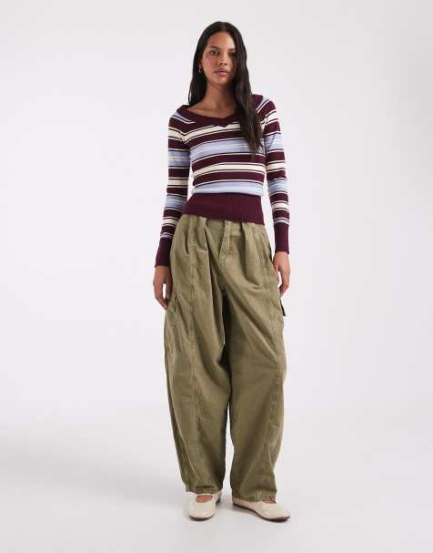 Hollister gebreide slim-fit trui met blote schouders en multistreep - view 1