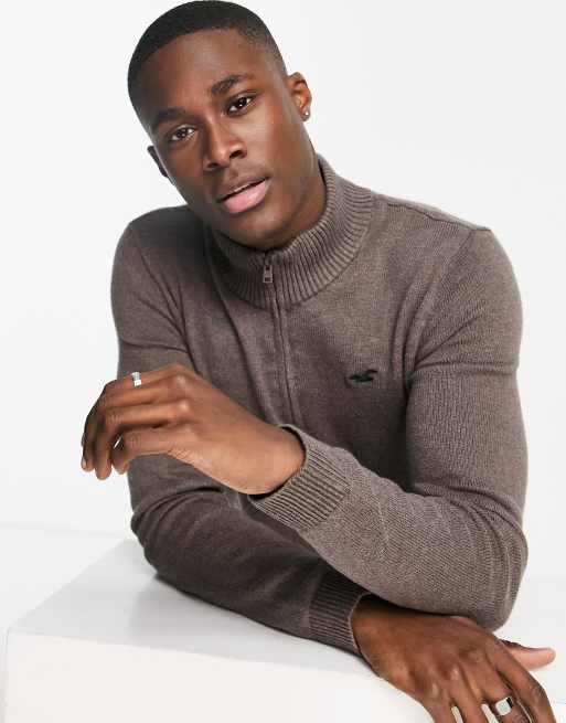 Hollister Gebreide trui met kwart ritsje in bruingrijs ASOS