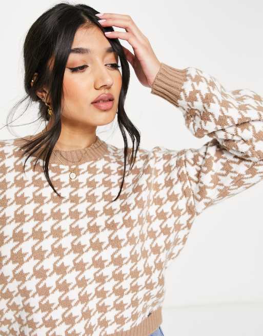 Hollister Gebreide trui met pied de poule print in bruin ASOS