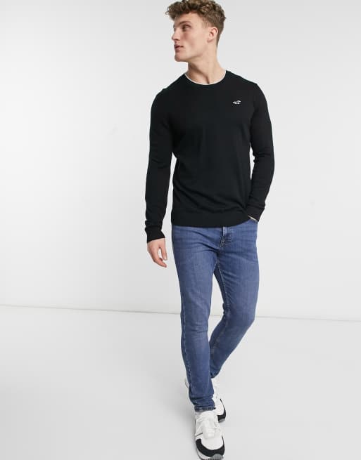 Hollister Gebreide trui met ronde hals en icoonlogo in zwart ASOS