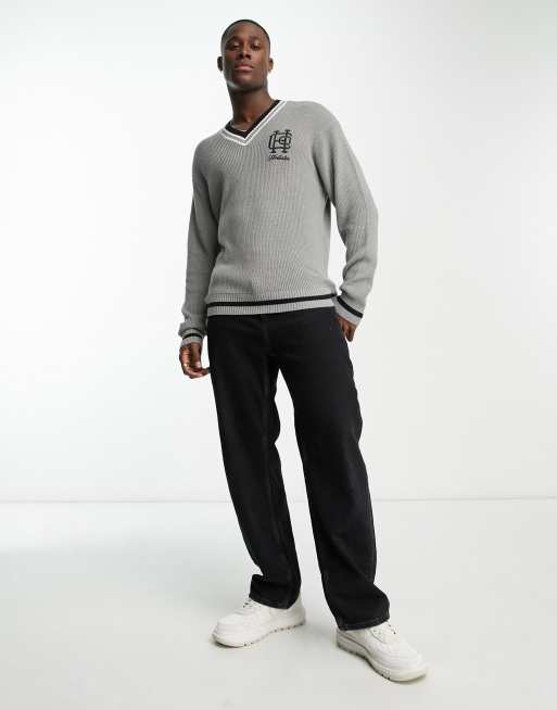 Hollister Gebreide varsity trui met V hals en monogramlogo in grijs