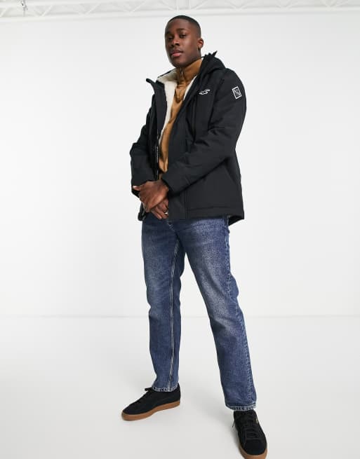 Hollister Gefutterte Parkajacke mit Kapuze und Kunstfellpelz in Schwarz ASOS
