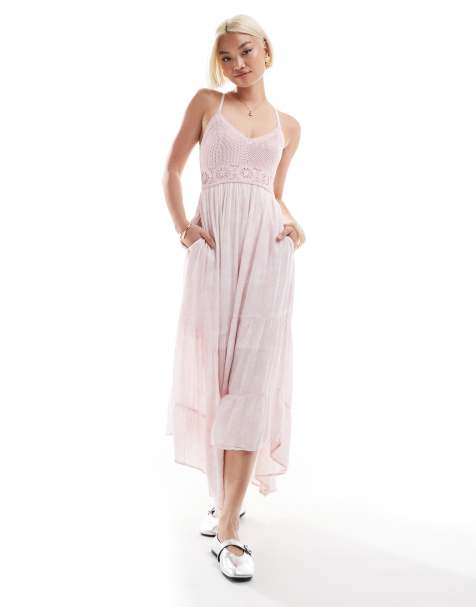 Hollister - Gehaakte en geweven maxi-jurk met zakdoekzoom in roze wervelprint - view 1