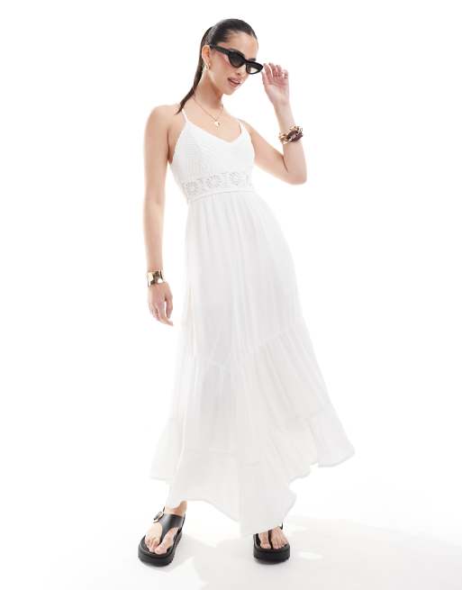 Hollister - Gehaakte en geweven maxi-jurk met zakdoekzoom in wit