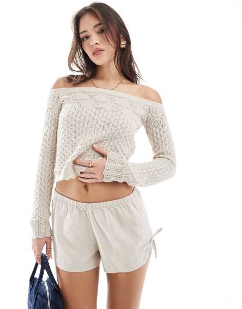 Hollister - Gehaakte trui met blote schouders in lichtbeige - view 1