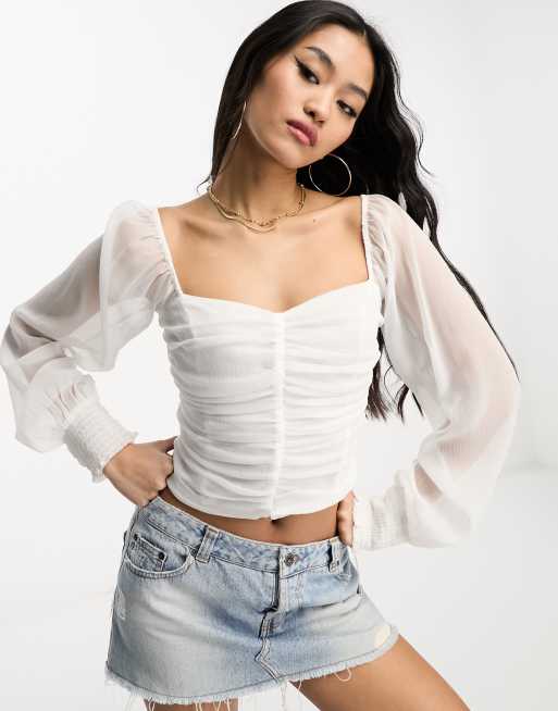 Hollister – Gerafftes Chiffon-Oberteil in Weiß mit langen Ärmeln