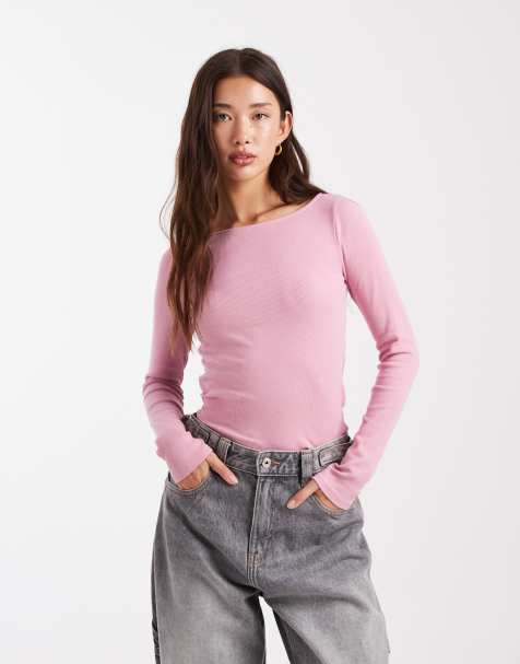 Hollister - Geribbelde top met lange mouwen en rechte hals in roze - view 1