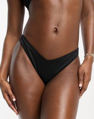 Hollister - Gerippte Bikinihose in Schwarz mit v-förmiger Vorderseite und hohem Beinausschnitt, Kombiteil