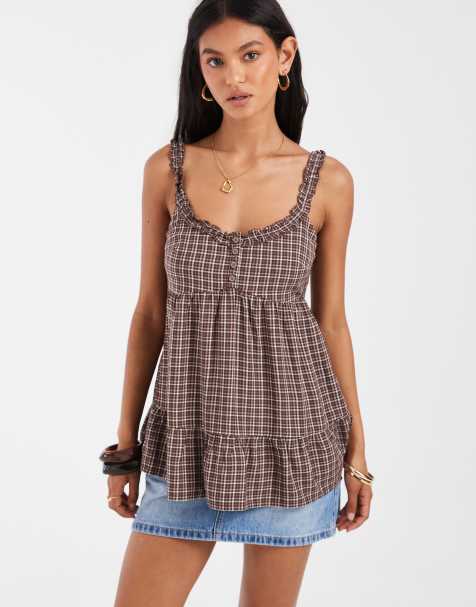 Hollister - Geruite babydoll tuniektop met gestrikte achterkant in bruin - view 1