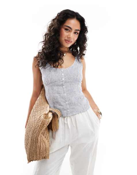 Hollister - Gestreept hemdje van linnenmix met lage hals en knoopsluiting in blauw - view 1